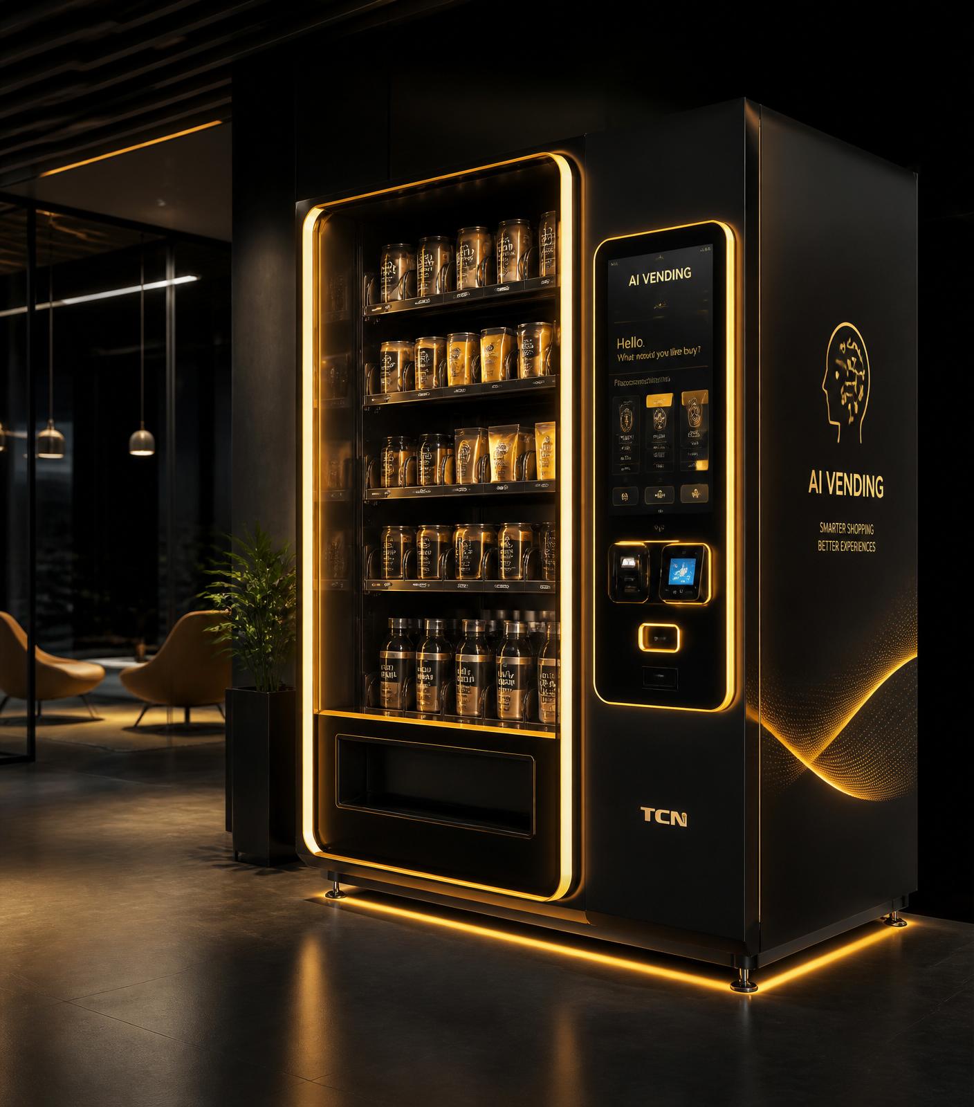 Elite Vend AI-powered smart vending machine with amber LED accents